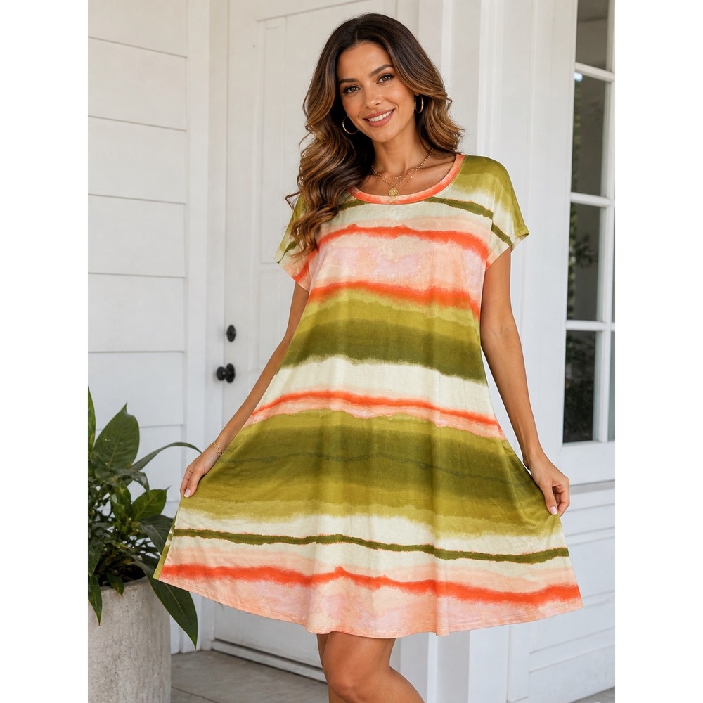 Est. 1946 Womens XL Green Orange Striped Open Back Keyhole T-Shirt Dress Pockets